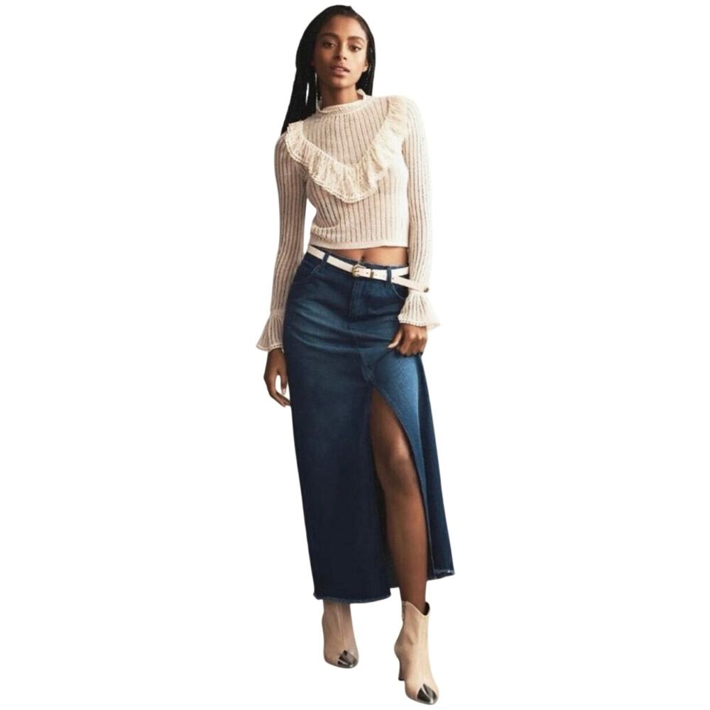 NWOT ANTHROPOLOGIE PILCRO Madi Raw Hem Front Slit Midi Denim Skirt